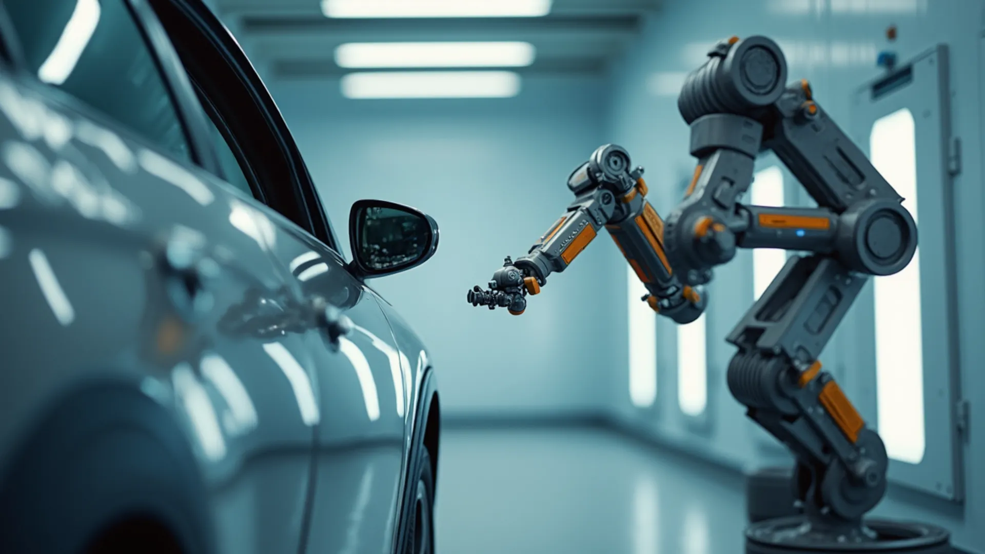 Automated painting robot in car factory getting ready to coat new car body in a colour.