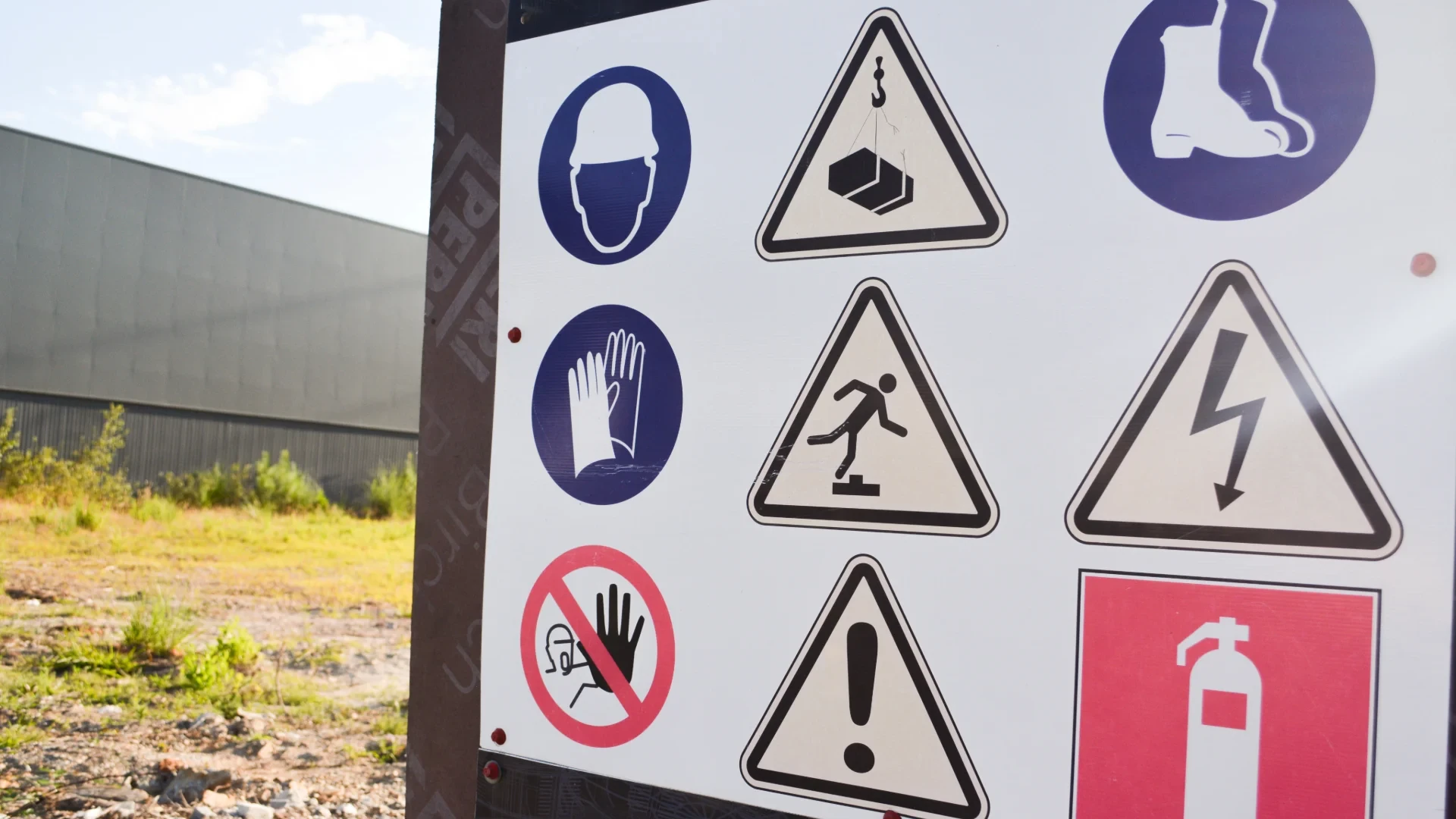 Construction and safety signs are printed on a billboard outside a factory to signal the dangers and hazards that are present.