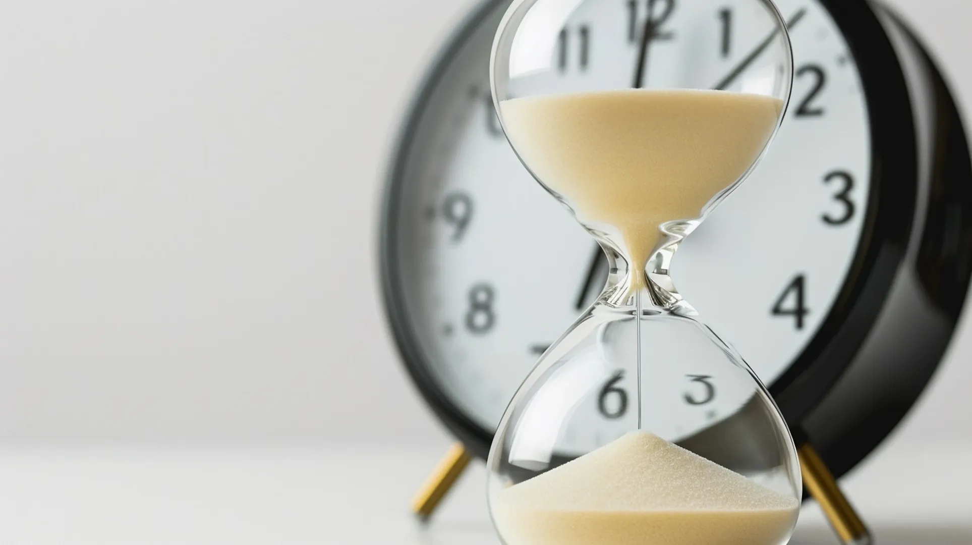 Sandglass in front of large clock, which is counting down by losing sand from the top.